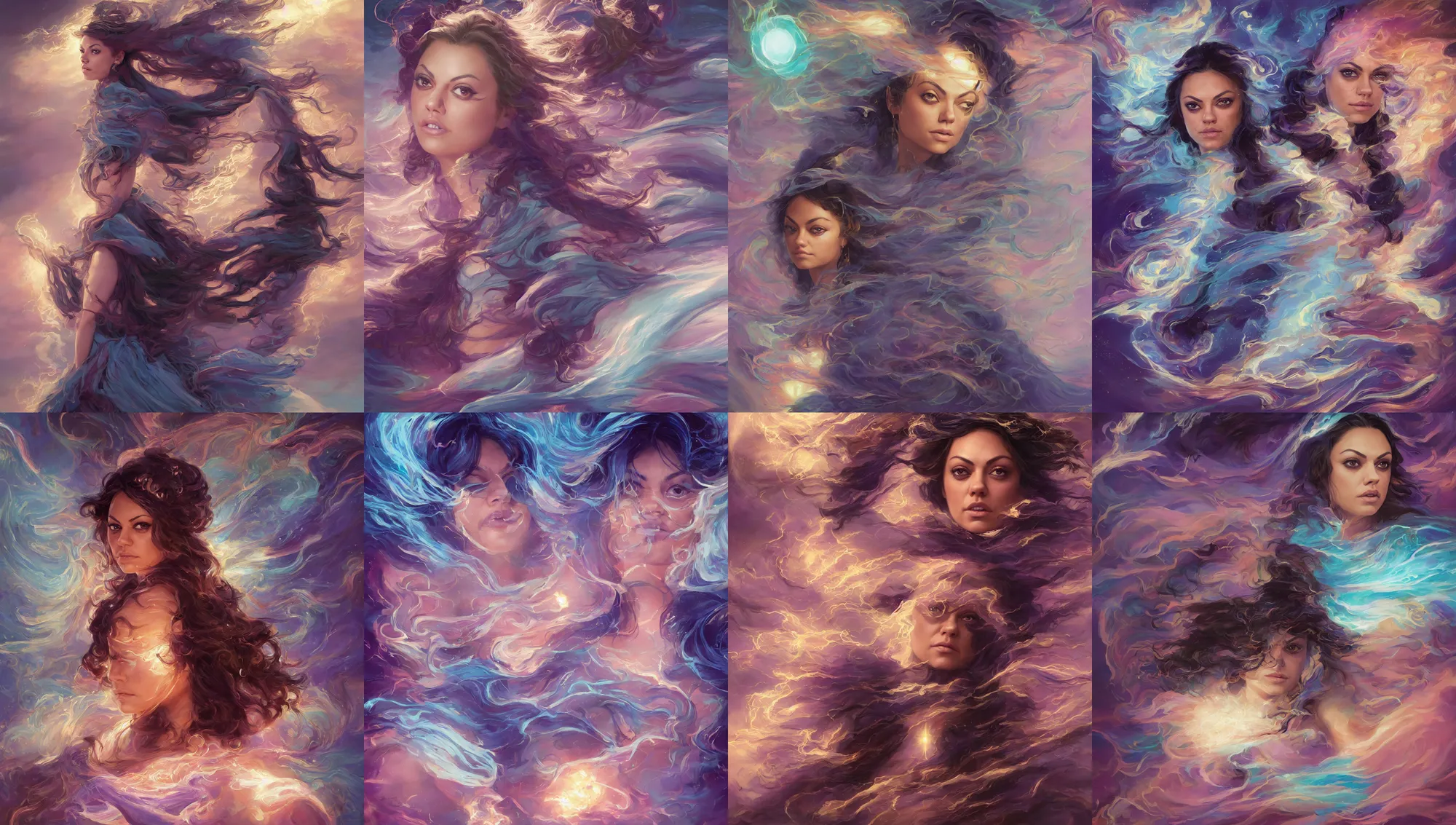 Prompt: close portrait mila kunis, wind sorcerer, intricate robes, gloomhaven, luminescent, colorful swirly magic ripples, pastel colors, by greg manchess, huang guangjian, gil elvgren, sachin teng, greg rutkowski, jesper ejsing, ilya kuvshinov, focal length : 2 0 0. 0 mm