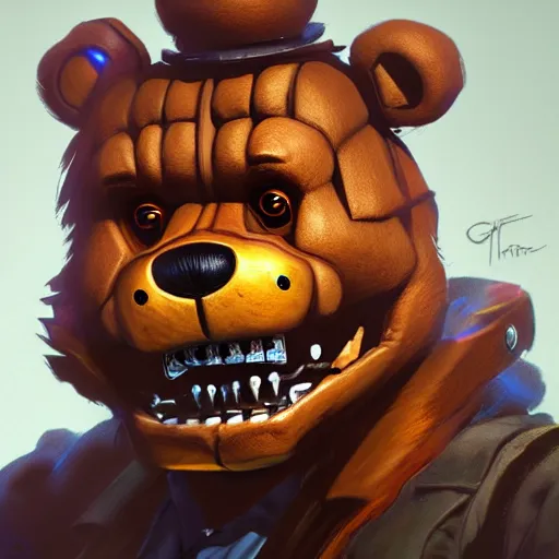 Image similar to commission of freddy fazbear,realistic,hyperdetailed,photorealistic,detailed face,art by greg rutkowski,trevor henderson,ross tran,artstation,deviantart,4k,estern comic style,sharp lineart,professional lighting,professional shading