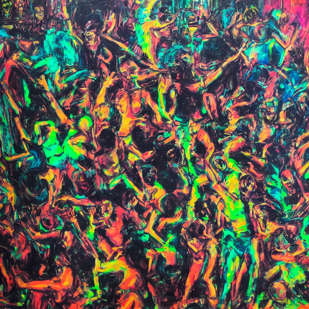 Prompt: detailed painting of a madman dancing in a rave party, makes funny steps and strange faces, wears black glasses and phosphorescent clothes