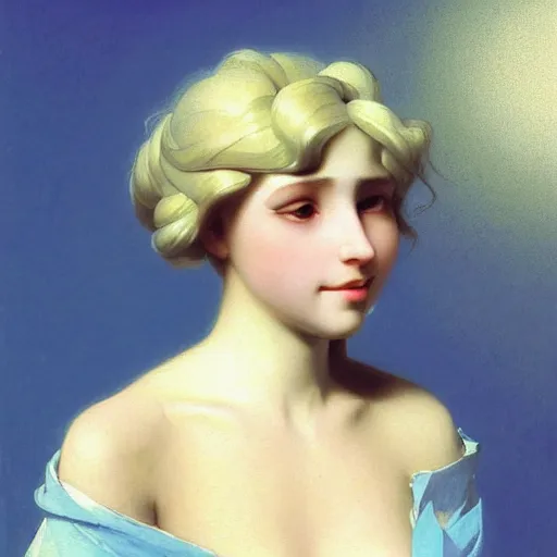 Prompt: a young woman's face, her hair is white and she wears a cobalt blue satin cloak, by ivan aivazovsky and syd mead and moebius and gaston bussiere and roger dean and pieter claesz and paul delaroche and alma tadema and aelbert cuyp and vermeer, hyperrealistic, volumetric light, octane render