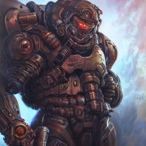 Prompt: detailed portrait of doom slayer intricate, hyper detailed, realistic, oil painting, by julie bell, frank frazetta, cinematic lighting