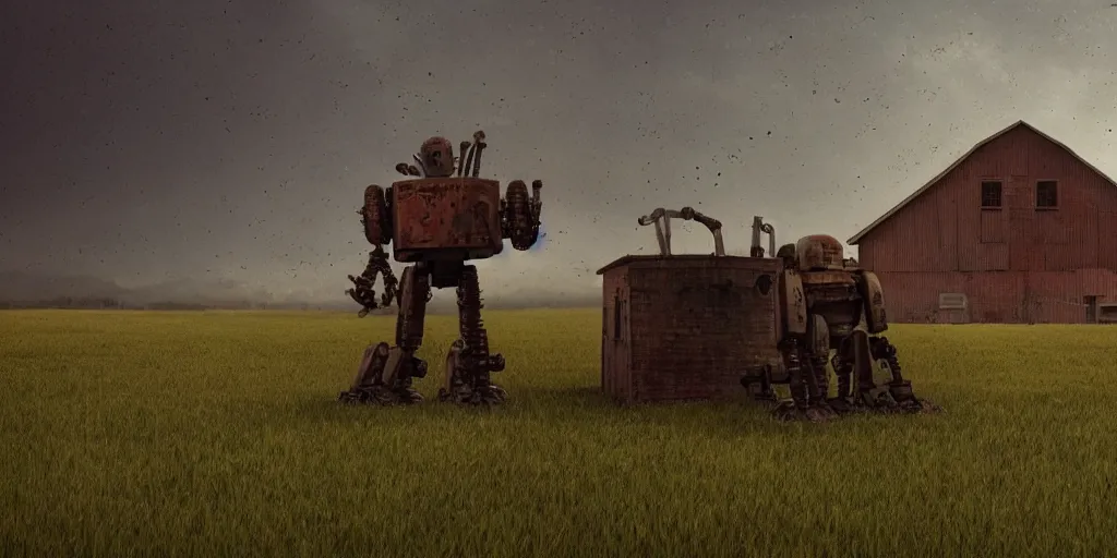 Image similar to a single colossal rusty old robot sad and alone in an empty field in the countryside with a barn on a bright sunny day by wes anderson and james c christensen and anka zhuravleva sharp digital painting. dreaming latent space. matte painting, concept art. artstation. digital render.