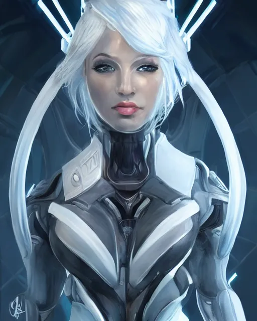 Image similar to perfect aidra fox with white hair, warframe armor, beautiful, dreamy, pretty face, blue eyes, portrait, bright light, scifi, utopian architecture in the background, laboratory, ultra realistic, intricate, glow, cinematic, extreme details, focused, masterpiece, art by seunghee lee, blair armitage