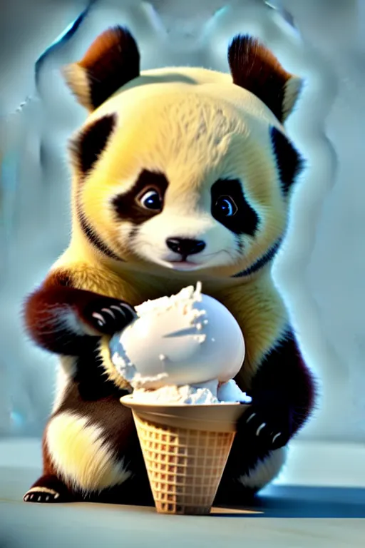 Image similar to high quality 3 d render hyperrealist very cute lowbrow happy panda & fox hybrid eating ice cream, vray smooth, in the style of detective pikachu, very dramatic light, low angle, uhd 8 k, shallow depth or field