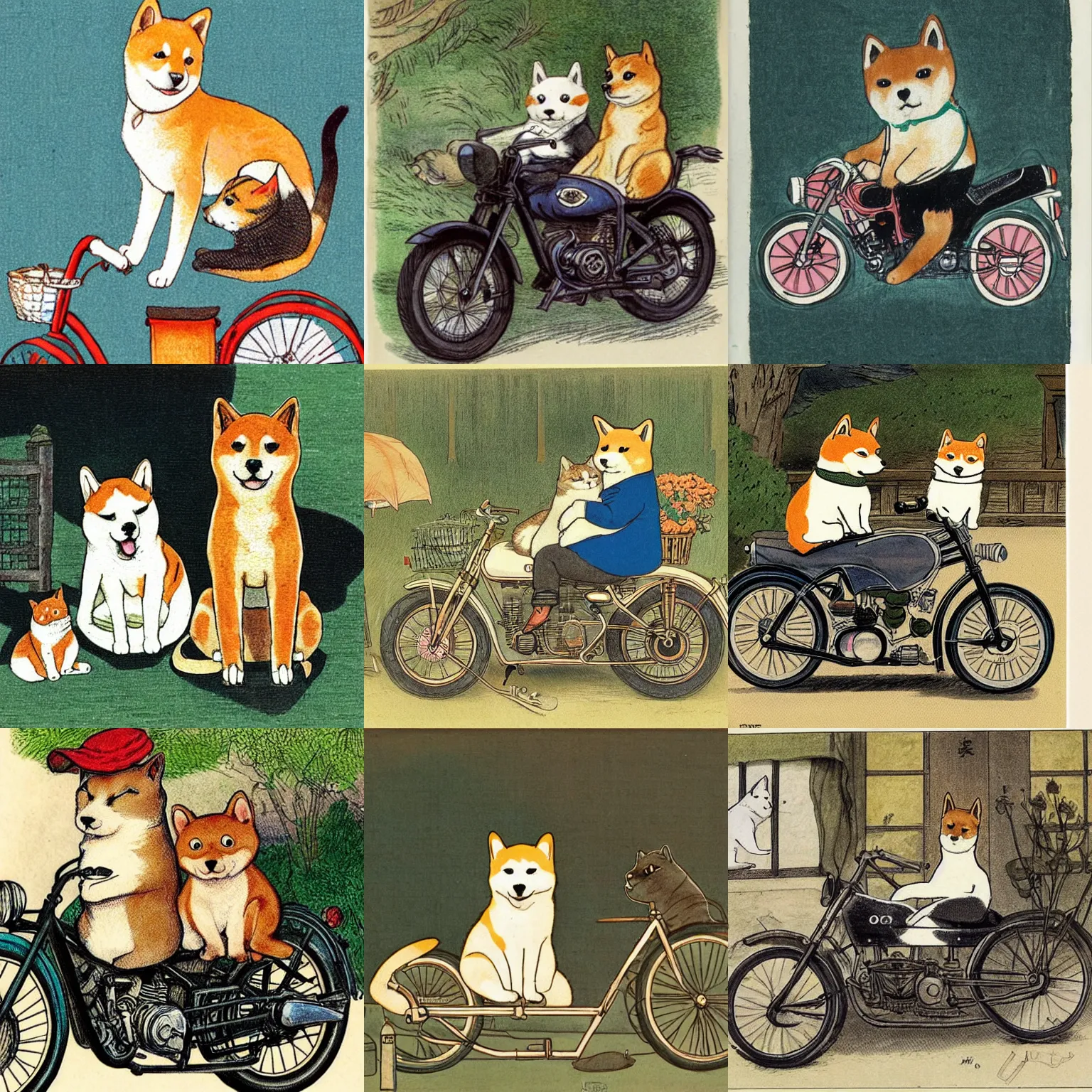 Prompt: Shiba Inu and a cat next to a motorcycle, illustrated by Beatrix Potter