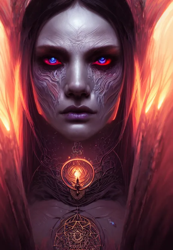 Image similar to Necromancer Sorceress face close-up macro in center, fantasy magic, undercut hairstyle, dark light night, intricate, elegant, sharp focus, illustration, highly detailed, digital painting, concept art, matte, art by WLOP and Artgerm and Greg Rutkowski and Alphonse Mucha, masterpiece