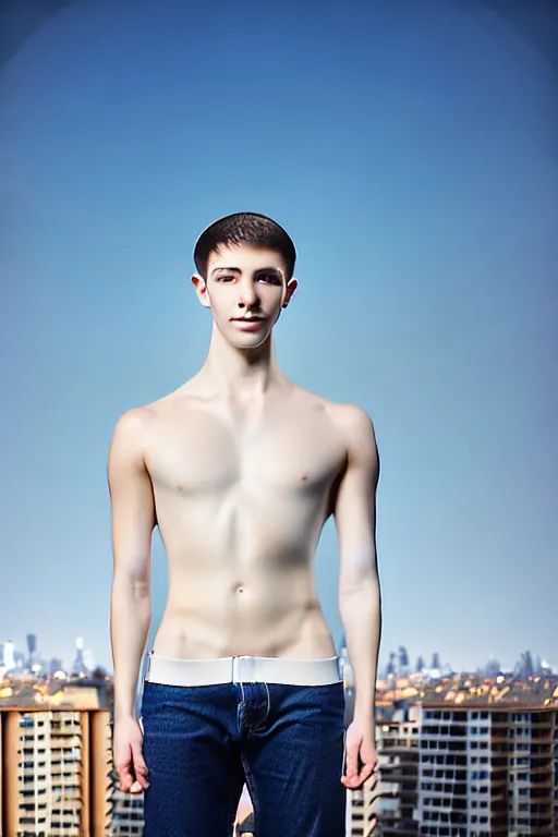 Image similar to un ultra high definition studio quality photographic art portrait of a young man standing on the rooftop of a british apartment building wearing soft padded silver pearlescent clothing. three point light. extremely detailed. golden ratio, ray tracing, volumetric light, shallow depth of field. set dressed.