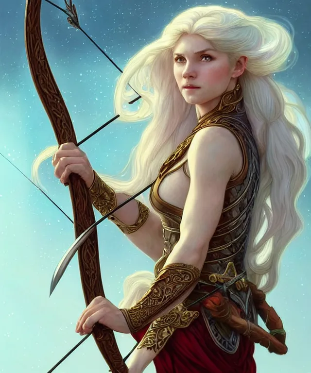 Image similar to ( ( ( aurora aksnes ) ) ) as a strong powerful angry fantasy elf with a bow and arrow, portrait, fantasy, intricate, elegant, highly detailed, digital painting, artstation, concept art, smooth, sharp focus, illustration, art by artgerm and larry elmore and alphonse mucha