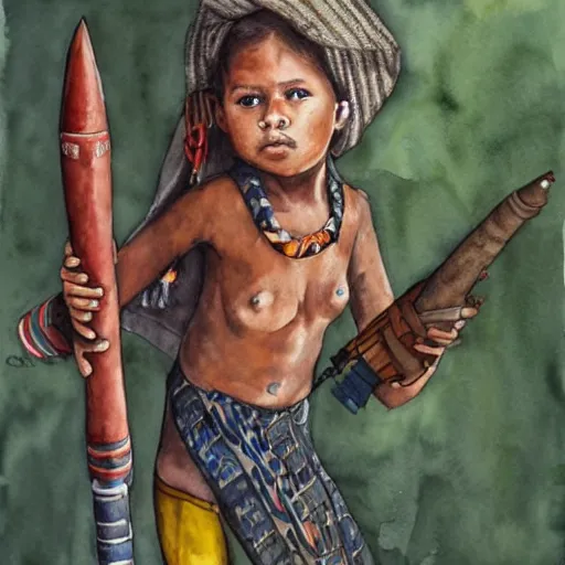 Prompt: hyper realistic tribal girl holding a rocket launcher, watercolor, cinematic