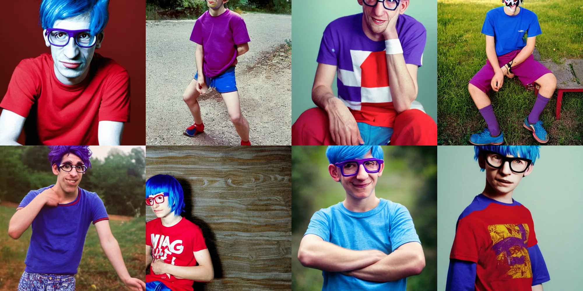 Prompt: Candid portrait photograph of Milhouse Van Houten with blue hair and red glasses purple tshirt and red shorts, taken by Annie Leibovitz