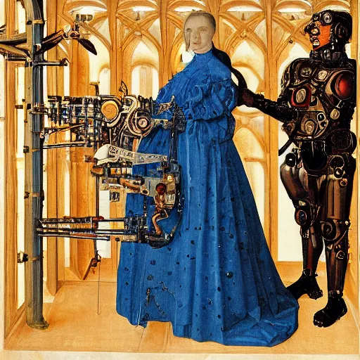 Image similar to a portrait of cyborg princess jacked into a man-machine interface by Jan van Eyck