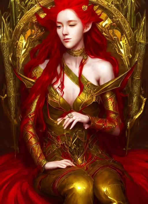 Prompt: Half-body portrait of a red-haired beautiful elven queen in red, gold and green dress sitting on a throne. In style of Hyung-tae Kim and Greg Rutkowski, concept art, trending on ArtStation, Korean MMORPG, over-detailed art, 4K, epic, dynamic lightning, dramatic pose.
