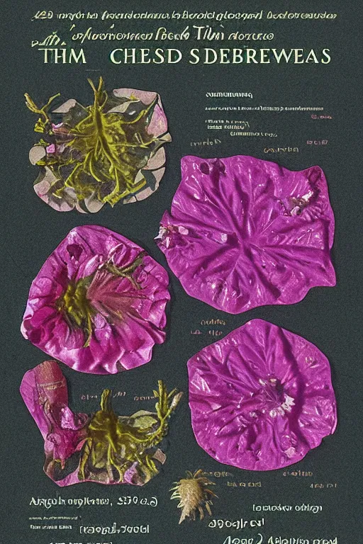 Image similar to scan of the flower petals of an old cursed herbarium by tim white, infographic, textbook, marginalia, cursed, alien, plant specimens, hortorium, scientific study