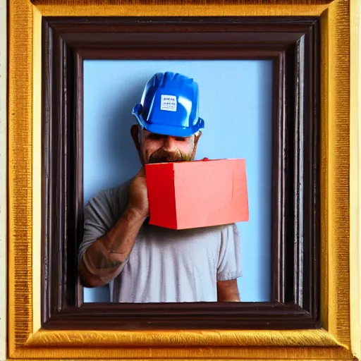 Image similar to an potrait of man with construction hat holding a package, the picture inside a photo frame, oil painting, 4K