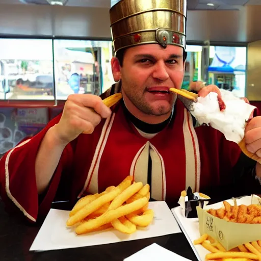 Image similar to roman centurion eating at a mcdonalds, swag