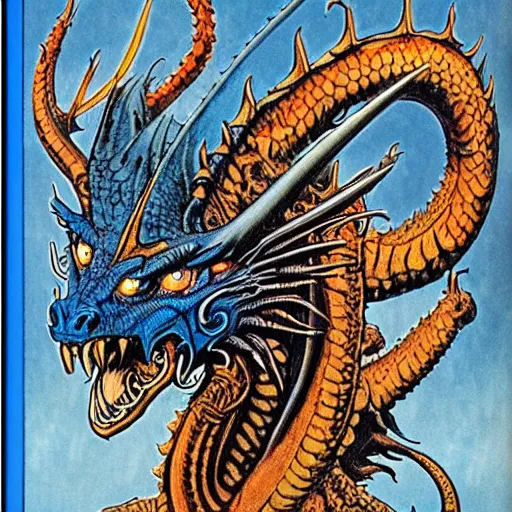 Image similar to head and shoulders portrait of a medieval d & d fantasy anthropomorphic blue dragon - human hybrid sorcerer, d & d rulebook cover art by jeff easley, hr giger, and frank miller