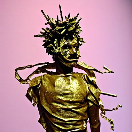 Image similar to papercraft scene made entirely of pipecleaners and crumpled foil of Jean-Michel Basquiat as a full-body bronze baroque statue of Icarus in the posing like a bird for flight, crown of peach roses, flowing pink-colored silk, fabric, flowers. baroque elements, human skull. full-length view. baroque element. intricate artwork by caravaggio. many many birds birds on background. Trending on artstation, octane render, cinematic lighting from the right, hyper realism, octane render, 8k, depth of field, 3D