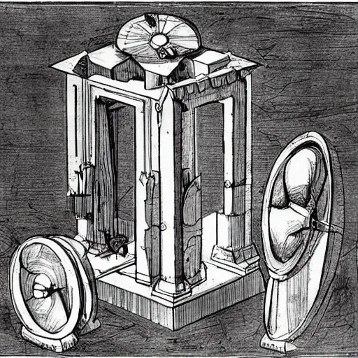 Image similar to sketches of a time travel machine designed by leonardo da vinci