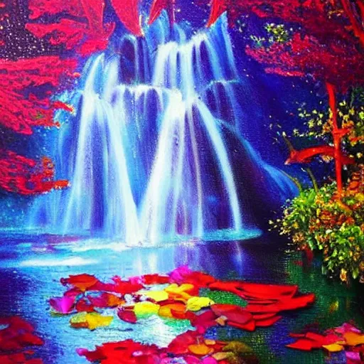 Image similar to waterfall with water full of broken mirror pieces and tiny colorful flower petals, bright saturated colors, scintillating lens flares and colorful sparks, trending on ArtStation, beautiful!!! stunning!!! waterfall, impressionistic oil on canvas