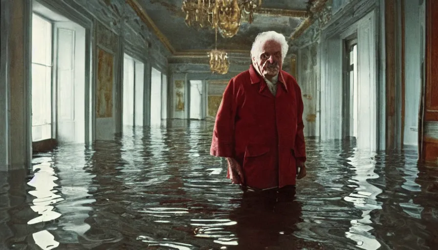 Prompt: 7 0 s movie still of an old manstanding in a soviet stalinist style palace flooded in blood, eastmancolor, heavy grain, high quality, high detail