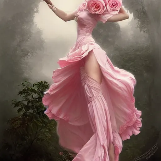 Image similar to !!beautiful!! woman dressed in a vaporous wrapped large victorian pink roses silk semi-transparent dress fashion is running, fantasy, intricate, elegant, highly detailed, digital painting, trending on artstation, concept art, matte, sharp focus, illustration, art by Artgerm and Greg Rutkowski and Alphonse Mucha