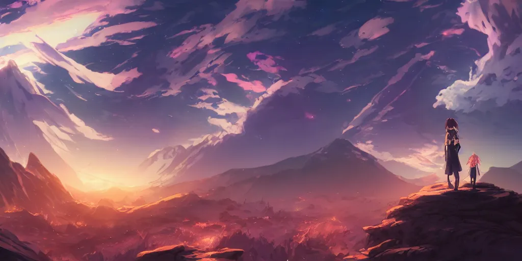 Image similar to isekai masterpiece by mandy jurgens, irina french, rachel walpole, ross tran, illya kuvshinov, deeznutz, and alyn spiller of an anime woman standing in a puddle looking up at serpent viper mountain, nebula night, cinematic, very warm colors, intense shadows, ominous clouds, anime illustration, anime screenshot composite background