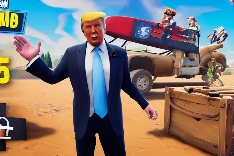 Image similar to Donald trump in Fortnite, skin selection screen, screenshot