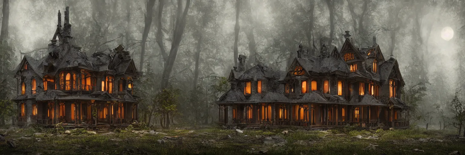 Image similar to victorian house made of wood in a dark forest with obsidian trees and Opal flowers, jade, lapis, eerie, painting, trending on artstation, octane render, atmospheric lighting, misty, rain