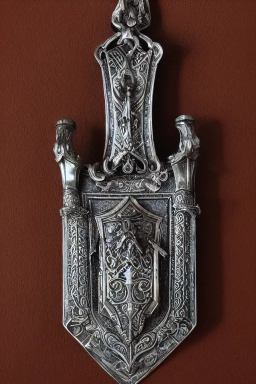 Image similar to sword of justice hanging on a wall, ornate gem in pommel, engraved blade, herringbone floor