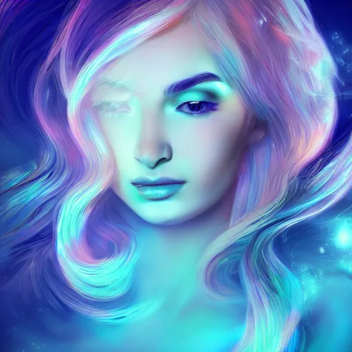 Image similar to A mesmerizing ethereal oceanic portrait of Kim Petras, splash art, dispersion art, natural light, sunlit, hyperdetailed, artstation, cgsociety, 8k