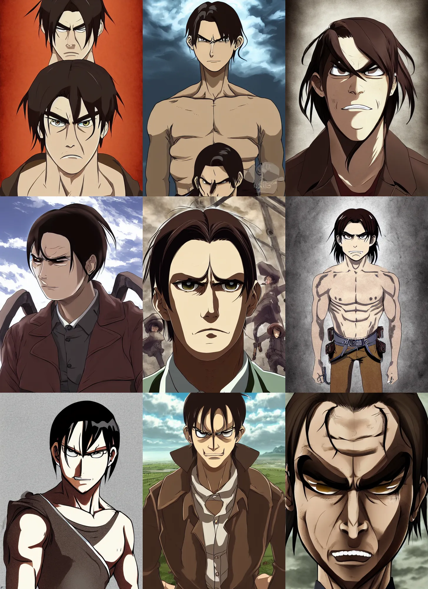 Prompt: portrait of a man in his late twenties with longish brown hair tied back, widows peak and a round face in the style of attack on titan, digital art