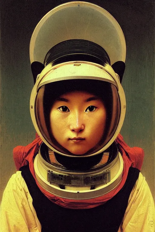 Image similar to portrait of a cat astronaut in samurai helmets an ancient human species, single person, by bouguereau