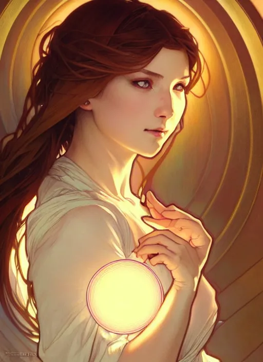 Image similar to digital character concept art by artgerm and greg rutkowski and alphonse mucha. clear portrait of a modern young wife blessed by god to unstoppably grow more perfect and fertile!! blonde, in clothes! holy full - figured! shy, light effect. hyper detailed, glowing lights!! intricate, elegant, digital painting, artstation, smooth, sharp focus