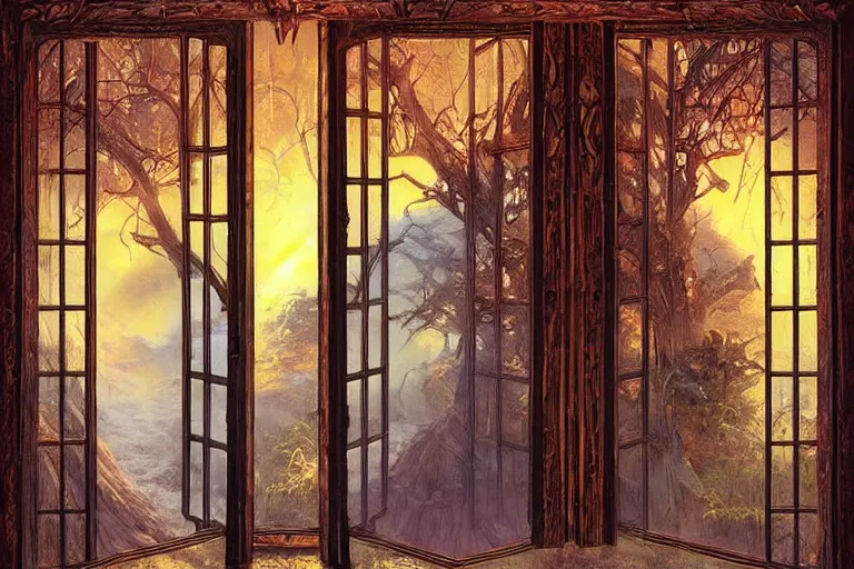 Prompt: large rustic intricately decorated wooden double door, metal handles, a view to a fantasy world, eerie back light, mist, coherent composition, digital fantasy painting by noriyoshi ohrai