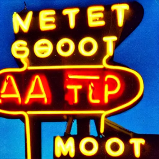 Prompt: a neon sign at a las vegas last stop motel in 1 9 6 6