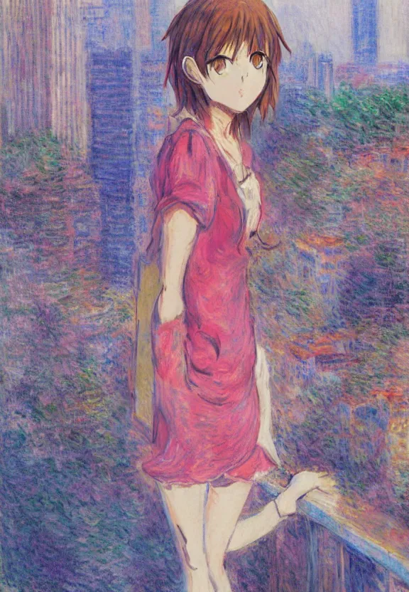 Image similar to wide angle portrait of a teenage girl, a thrifty outfit, very anime in impressionist style, city background, anime trending artwork, anime painter studio, by claude monet