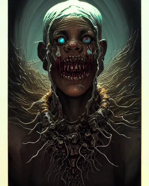 Prompt: sojourn from overwatch, character portrait, portrait, close up, concept art, intricate details, highly detailed, horror poster, horror, vintage horror art, realistic, terrifying, in the style of michael whelan, beksinski, and gustave dore