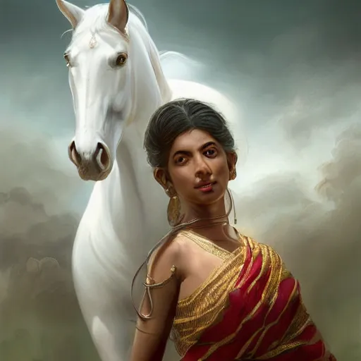 Image similar to portrait of a srilankan woman, white horse, roses, dreamy, fantasy, pain, intricate, elegant, highly detailed, digital painting, artstation, concept art, matte, sharp focus, illustration, octane render, unreal engine, art by aenaluck and roberto ferri and greg rutkowski, epic fantasy, digital painting