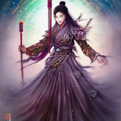 Image similar to beautiful ancient fantasy portrait of wuxia armor heroine, wearing Xian Xia wardrobe, in forbidden City, hybrid from Dynasty Warriror, flowers sea rainning everywhere, intricate, very very beautiful, elegant, highly detailed, digital painting, beautiful glowing galaxy eyes, human anatomy, hyperrealistic, soft light, dynamic, artbreeder, artstation, fantasy concept art, smooth, sharp focus, illustration, art by alphonse mucha and tian zi and WLOP