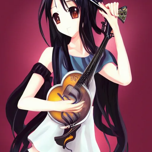 Prompt: anime girl with long dark hair playing a mandolin, trending on artstation