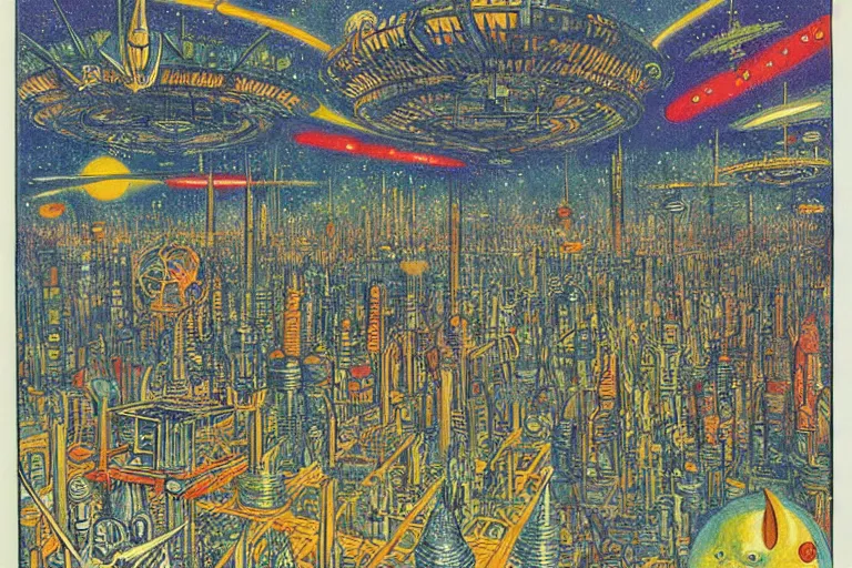 Image similar to a scifi illustration, Bird City on Endor by Louis Wain (1920)