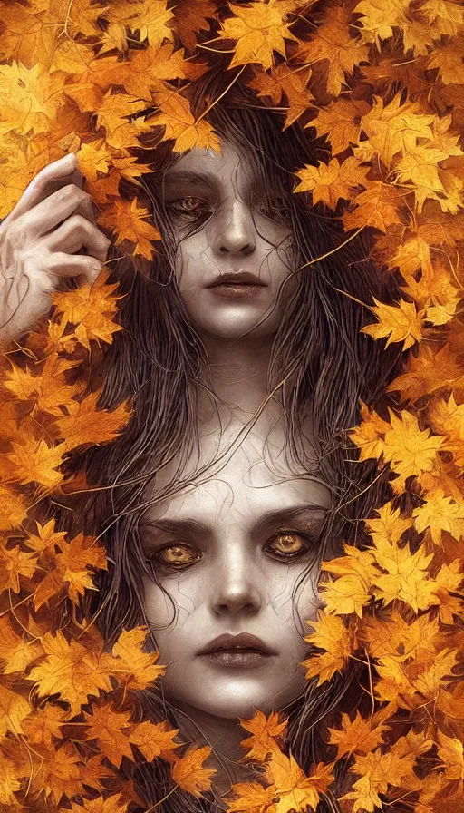 Image similar to golden leaves at frame border, creative!!! composition for a book cover!!!, absurdly beautiful, ultrafine hyperrealistic detailed old witch face by wlop and artgerm and greg rutkowski, intricate linework, sharp focus, smooth, octopath traveler, final fantasy, unreal engine, dramatic lighting, ethereal, 8 k