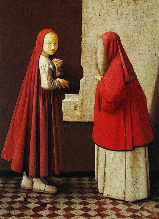 Image similar to red shoes, medieval painting by jan van eyck, johannes vermeer