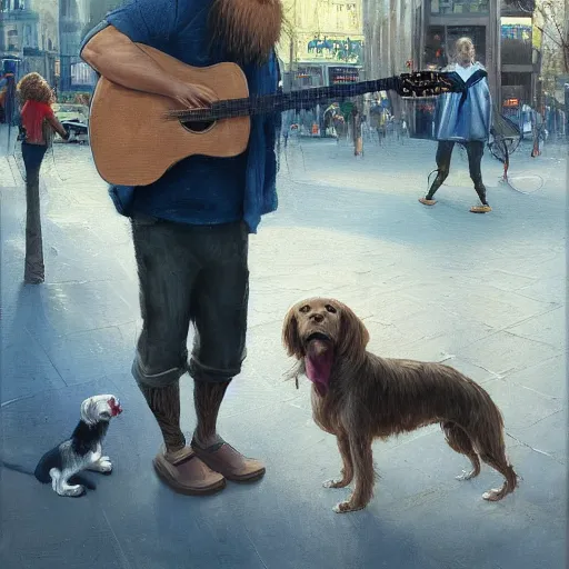 Image similar to oil painting of a young man with long hair blond and a beard hippie style with his golden retrever dog playing guitar in the square for money, people watching around, by greg rutkowski, artstation