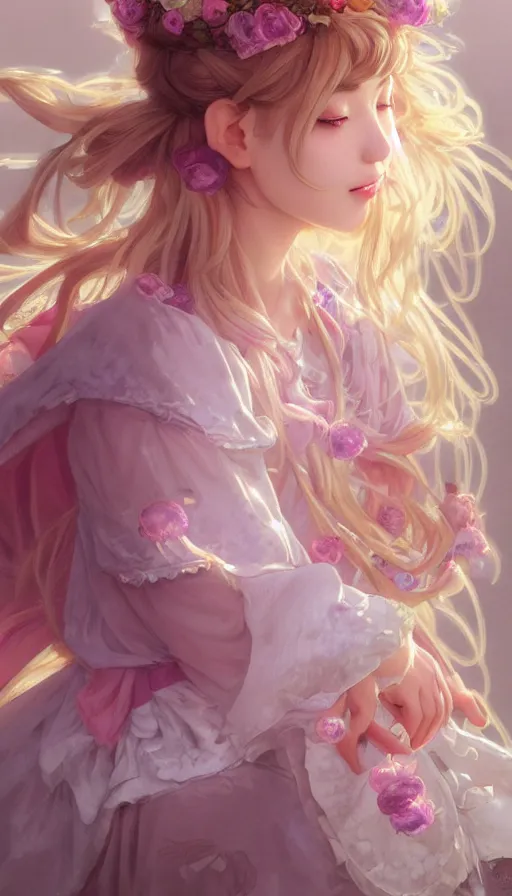 Image similar to portrait of kirisame marisa, touhou, dreamy and ethereal, expressive pose, big pink eyes, peaceful expression, ornate frilly dress, fantasy, intricate, elegant, many rainbow bubbles, rose tones, highly detailed, digital painting, artstation, concept art, smooth, sharp focus, illustration, art by artgerm and greg rutkowski and alphonse mucha