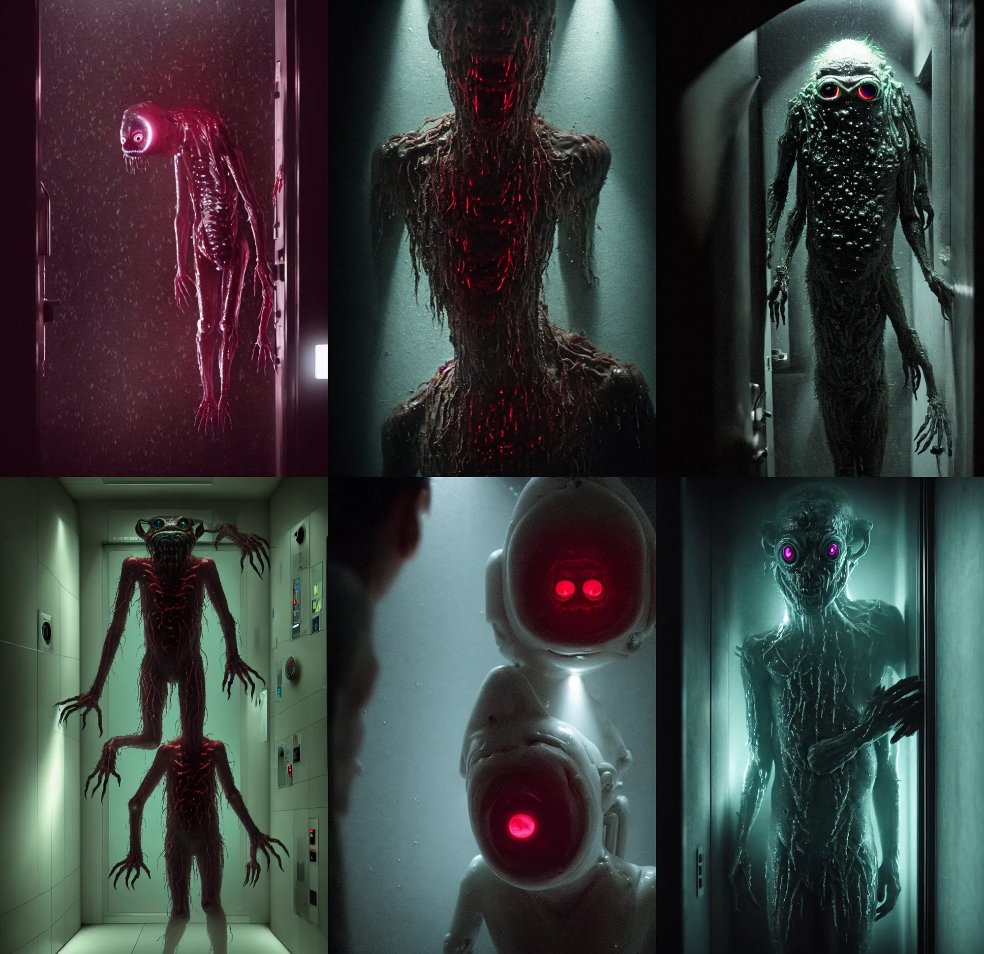 Prompt: in the elevator, a full body wet skin creature with glowing eyes. under stage light, crawling humanoid monsters, smile face, labcoats, sci - fi equipment, saliva, membrane pregnancy sac, respiratory flap, super realism, claws, octane rendering, cinematic light. medium shot, 2 4 mm, david fincher, james wan, gritty, moody, eerie, dark arts