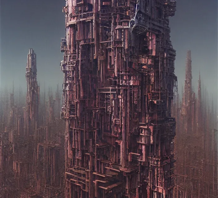 Image similar to gigantic mechanic megastructure tower in center, gothic, warhammer, cyberpunk, highly detailed, artstation, art by zdislav beksinski and wayne barlowe