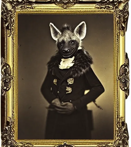 Image similar to professional studio photo portrait of anthro anthropomorphic spotted hyena head animal person fursona smug smiling wearing elaborate pompous royal king robes clothes gold frame by Louis Daguerre daguerreotype tintype