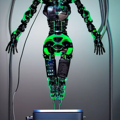 Image similar to the torso of fully a mechanical terminator lady with borg implants, human face and robotic snakes coming out of her head is hanging from cables and wires off the ceiling of an futuristic computer lab and plugged into a quantum computer. Her bottom half is missing with cables hanging out. She is taking a sip from a cup of coffee. Tiny green led lights in her cybernetics. very detailed 8k. Cyberpunk horror style.