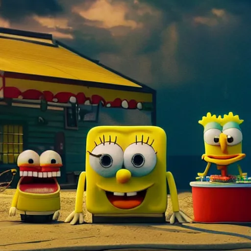 Image similar to hyperrealistic spongebob squarepants eating at the krusty krab, inspired by stephen hillenburg, perfect symmetry, dim volumetric cinematic lighting, 8 k octane comprehensive render, extremely hyper - detailed attributes & atmosphere, intricately proportional, masterpiece, artstation, stunning,